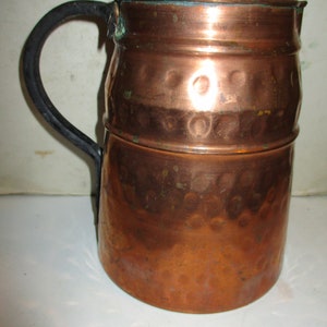 Hammered copper pitcher with wrought iron handle - stylish functional primitive form for use or decor