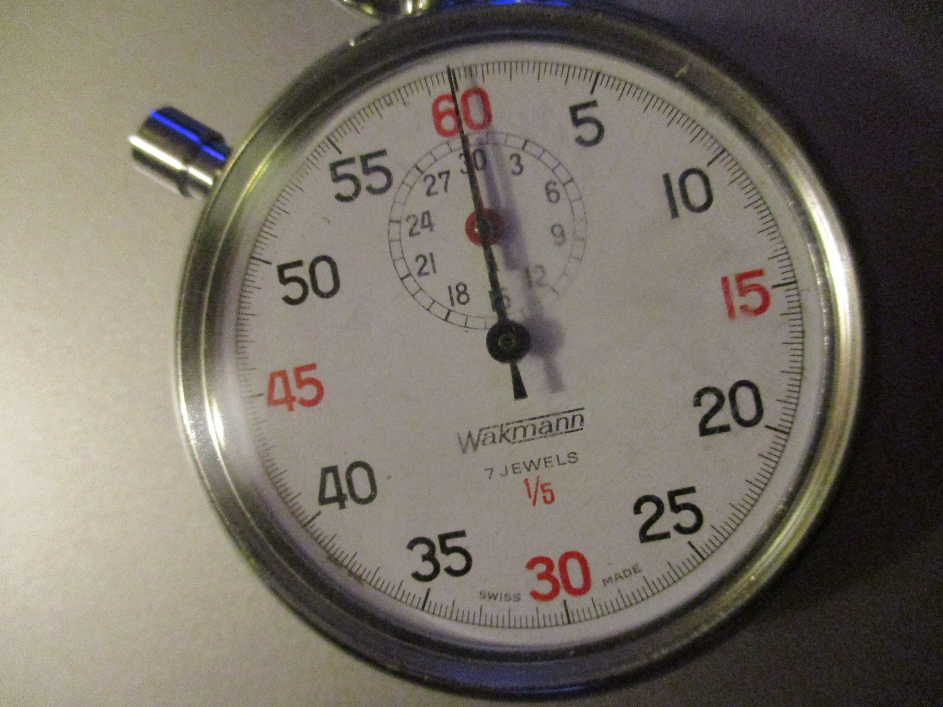 Wakmann Analog Stopwatch Swiss Made 7 Jewel 1 5th Two Dial 60