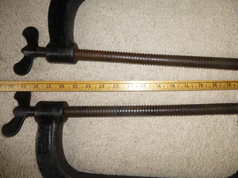 Great Industrial Design Hooks or Coatracks Massive 12 Cast Iron C Clamps Rare Size 10 Lbs Each 20 Overall Length
