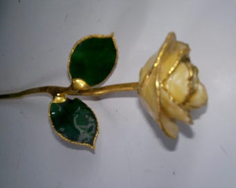 Forever Rose - Enamel and Brass life sized White Rose w 2 green leaves and gold plated stem - 11.5" long x 3" diam.