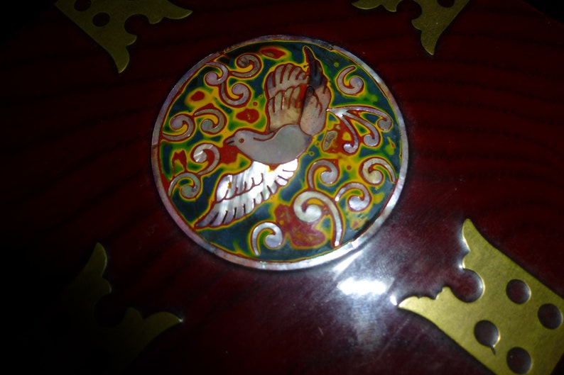 Excellent Condition Enamel and Brass Decor on Lacquered Rosewood Korean Folding Form with 4 Drawers Ornate Jewelry Box