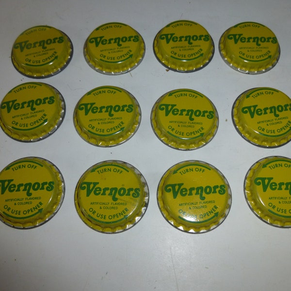 Vernor's Ginger Ale Bottle Cap - Set of 12 UNUSED 1970s steel twist-off caps in vibrant yellow and green - great crafts etc.