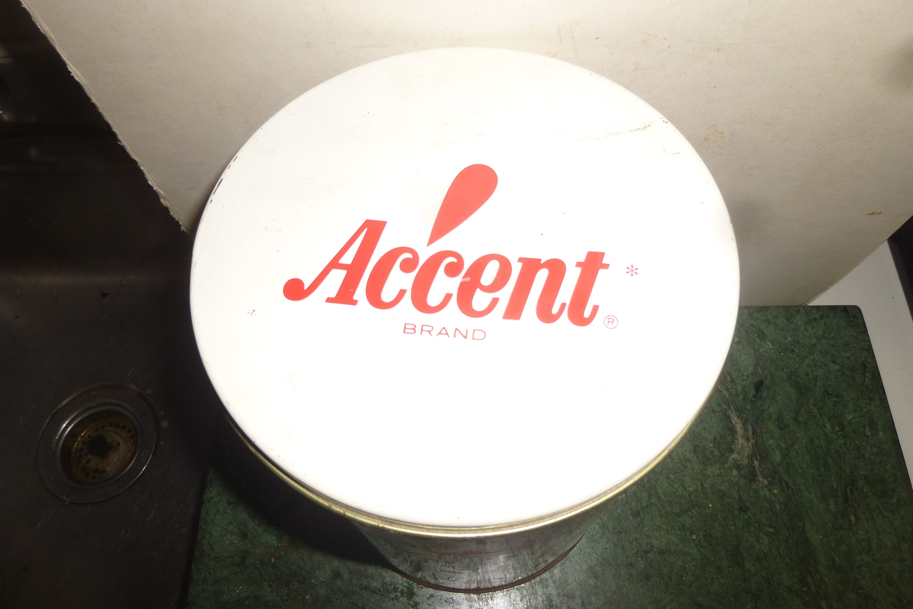 Accent Flavor Enhancer Vintage 1950s Industrial Kitchen Supply Tin 7.25  Diameter and 10 High Great Decor and Storage ACCENT Piece 