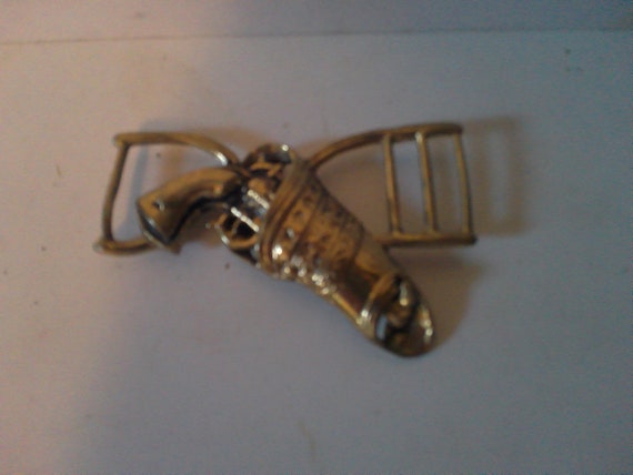 Brass Belt Buckle in shape of cowboy pistol and h… - image 1