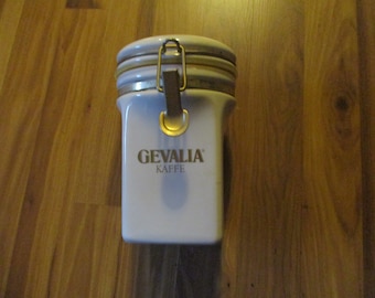 Gevalia Coffee Canister- vintage advertising promo item 8&quot; tall holds 1/2 lb - airtight seal on ceramic body