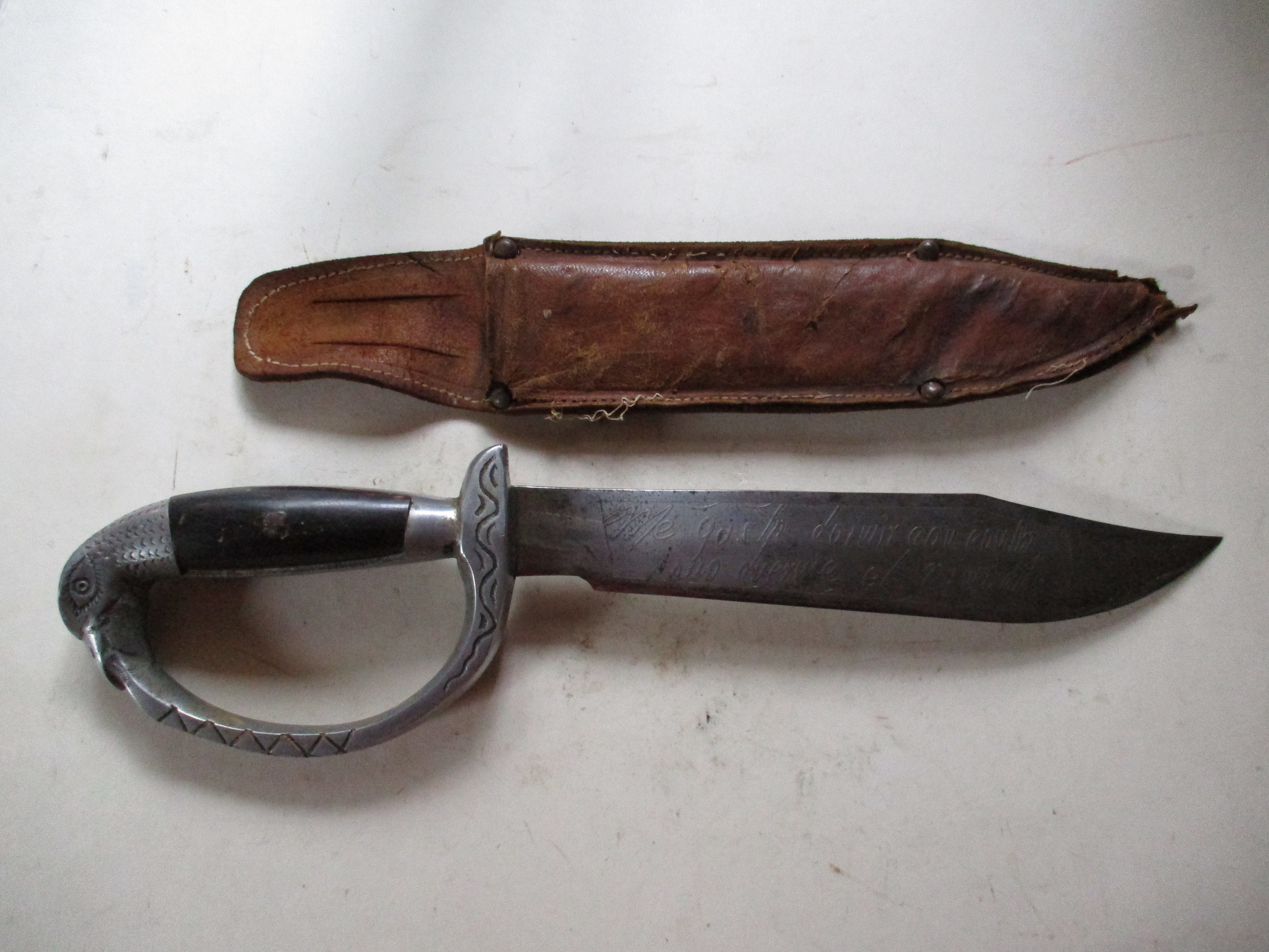 Antique Mexican Bowie Knife With Eagle Eating Snake Handle Guard Pommel  Very Rare Form With Landscape and Poem Sides 