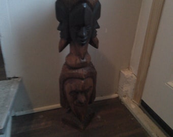 Ancestor Totem Pole - 24" tall 4.75" square post w 6 carved faces - rare form signed - P Mitchell R Bay Ja.
