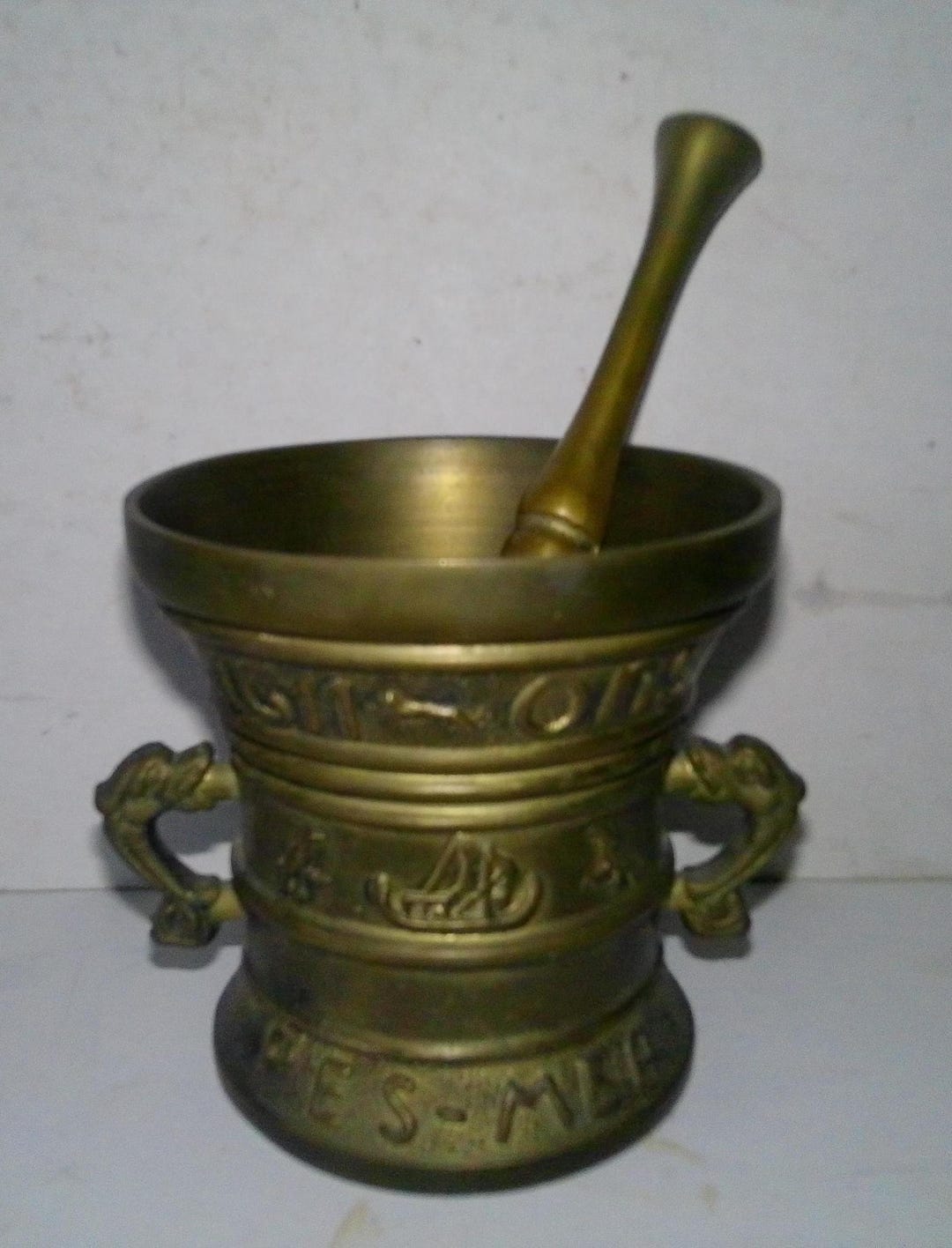 Bronze Mortar and Pestle -antique English W Fish Handles Text:n I Deo ...