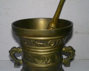 Bronze Mortar and Pestle -Antique English w Fish handles text:N I Deo/Pes-Mea - 1611-ONS/N 15 95- Spice and herb grinding - pill crusher