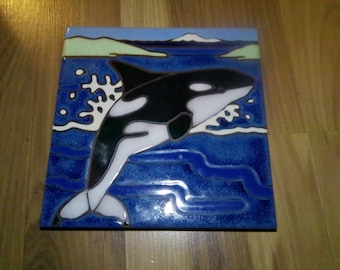 Orca Whale 6" sq. 1/2" thick  Decorative Ceramic Tile w hanger - Rare form vibrant image for indoors or out