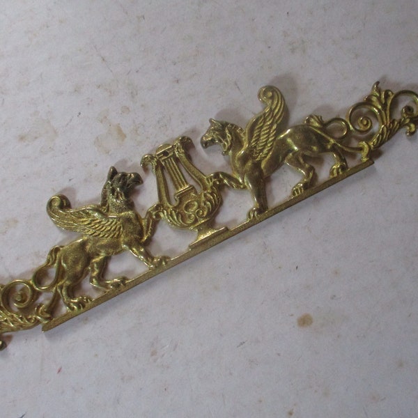 Decorative Brass Pediment or Accent - Winged Lions w harp/lyre centerpiece- 8.6" x 2" form for doors, walls, furniture and more