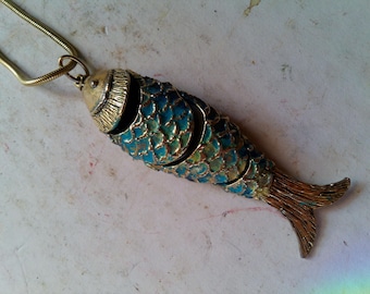 Articulated Fish Pendant and Necklace = 3.5" Enamel on Brass fish on 18" gold chain necklace - great condition