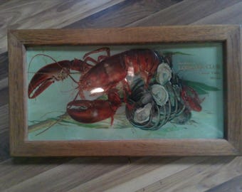 Lisbon Falls Lobster Club - 1950s era framed souvenir - 23" x 12.5" - colorful lobster and oyster image with text.