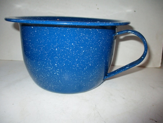 Blue Speckled Enamelware Mixing Bowl With Handle or VERY LARGE Coffee Mug  Great Condition8 X 4.5 Deep 