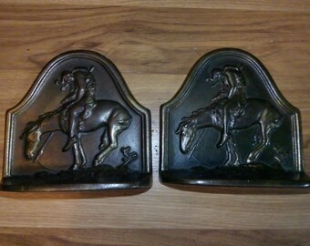 The Last Trail - bronze finish Cast Iron Native American bookends- 1920s bookend set 5" high x 5" x 1.6" deep