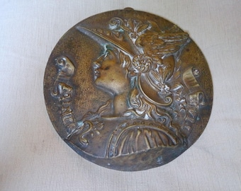 Antique Bronze Wall Plaque - Goddess Minerva wall plaque 7.5" diam. x 1" deep relief - fun decor in or out