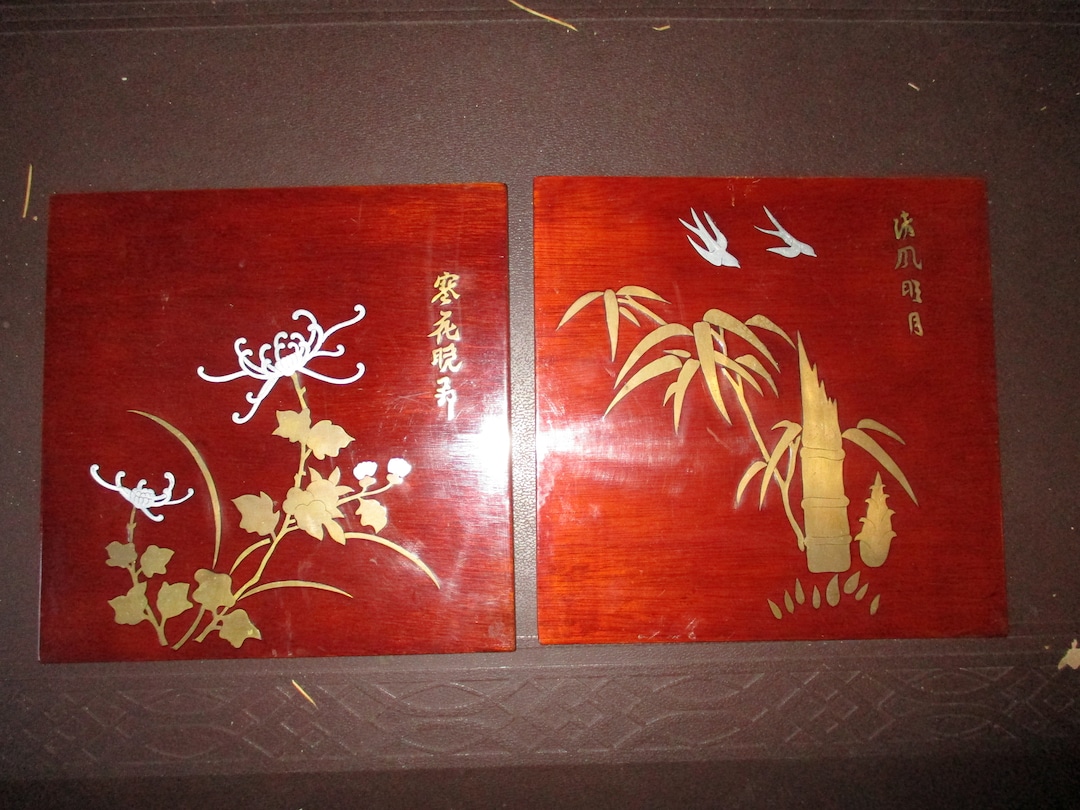Inlaid Chinese Wood Plaque Panels - Silver and Copper Inlay in Rosewood ...