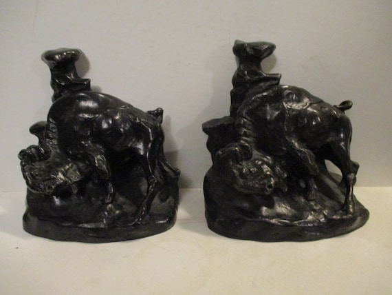 Antique Charles Russell Bookends- Cast Bronze Buffalo Forms by