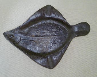 Cast Iron Fish (Flounder) Ashtray - Valet -Coin Dish - Soap Dish, Spoon Rest etc. 7.75" x  6" x .75" deep form for indoors or out