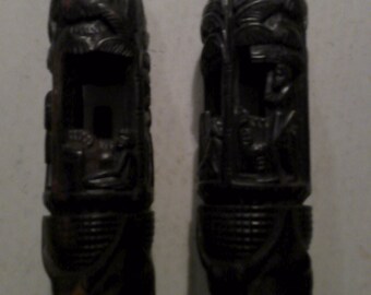 African Figurines - 9" x 2.25" diam Ebony Wood(or sim) totems w ancestors, village scenes, cattle and more - poss. candle or incense holders