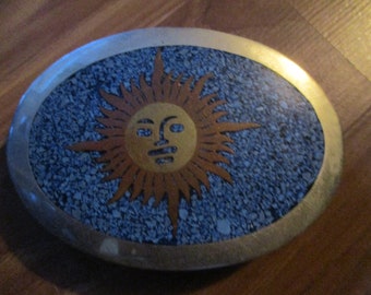 Sunburst belt buckle - fun 3.5" oval form of mixed metal and ground turquoise micro-mosaic - fun rare form of smiling sun in blue sky.