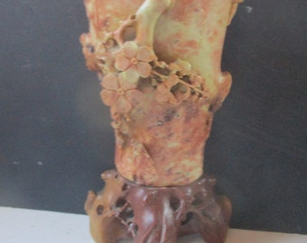 Carved Soapstone Vase  or bud vase -Flowering branch climb overs soapstone bowl 9.5" x 4.5" x 3.5" deep at elevated affixed base