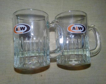 A&W Root Beer Mugs - set of two 4 oz glass faceted forms perfect for small floats and drinks of all types.  Vintage two tone wheel logo