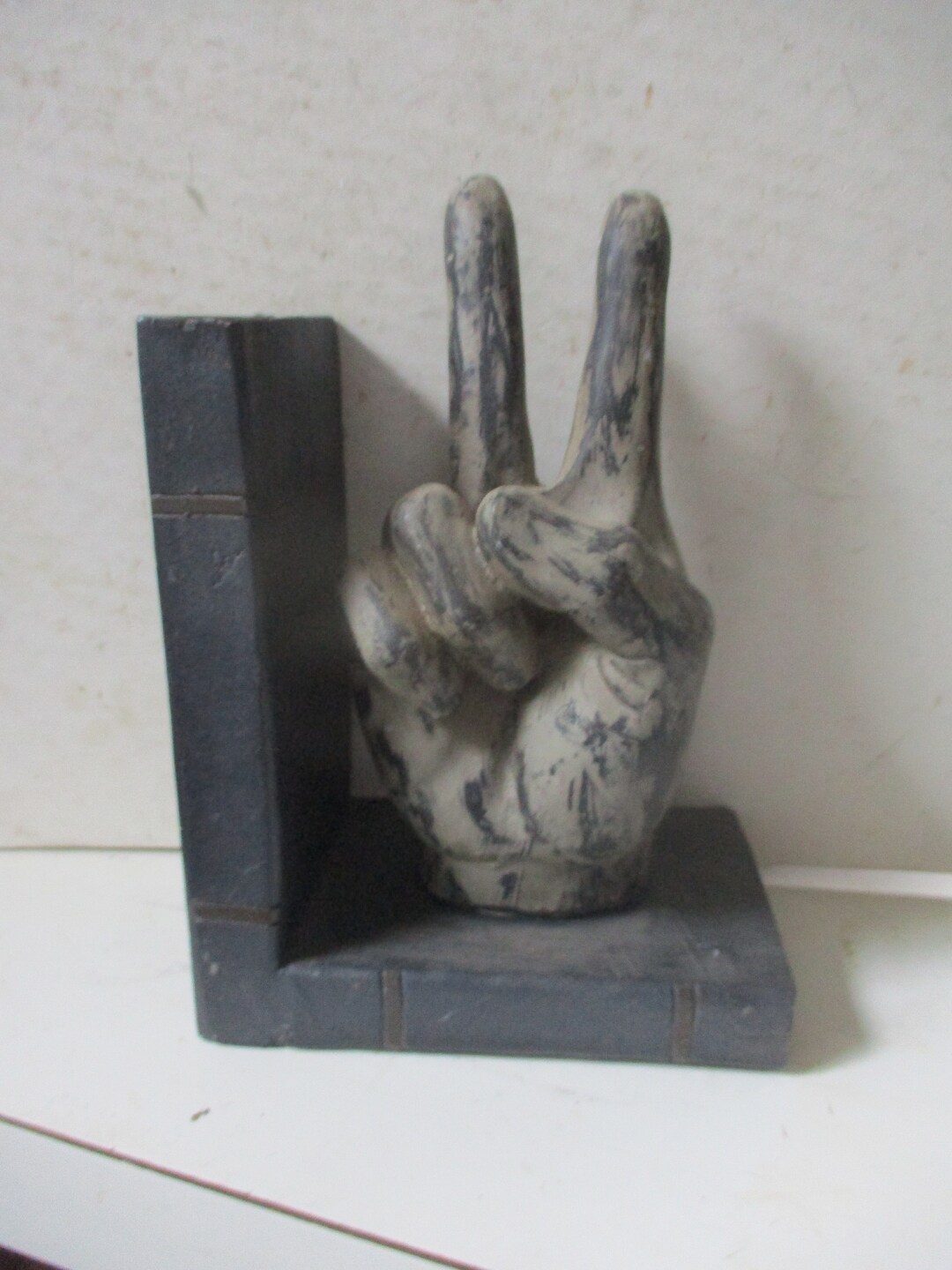 Peace Hand Bookend Life Sized Figural Form on Book Shaped Base 8 High W