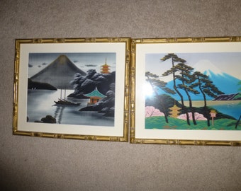 Mt Fuji - Day and Night Scenes in  Matching Faux Bamboo Frames - Gorgeous - Well Crafted Acrylic on Paper Scenes By A Talented Artist