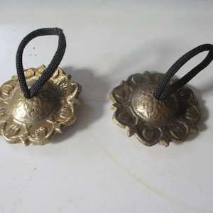 Tingsha Cymbals - Vintage Bronze 2&quot; diameter cymbals .4&quot; high , chimes, gongs, percussion instruments - Classic Buddhist forms