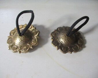 Tingsha Cymbals - Vintage Bronze 2" diameter cymbals .4" high , chimes, gongs, percussion instruments - Classic Buddhist forms