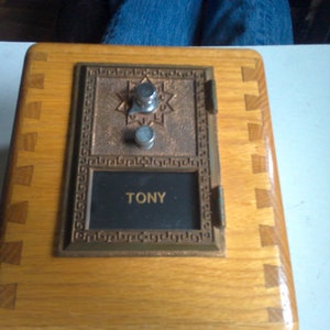 Post Office Box Bank - great condition 3 letter combination lock form 8.5&quot; x 7&quot; x 6&quot; front to back - Glass says TONY can be swapped out