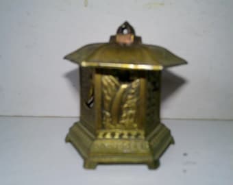 Brass Incense Burner - two piece 2.75" tall 2.5" diam. 6 sided pagoda incense cone censer with pierced lid and body