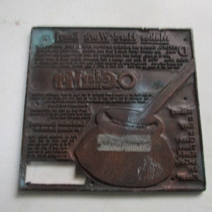 Antique Advertising Letterpress Plate - O-Cedar Mop Polish - great image and text 4&quot; high x 4.25&quot; wide - reverse image ad circa 1930s