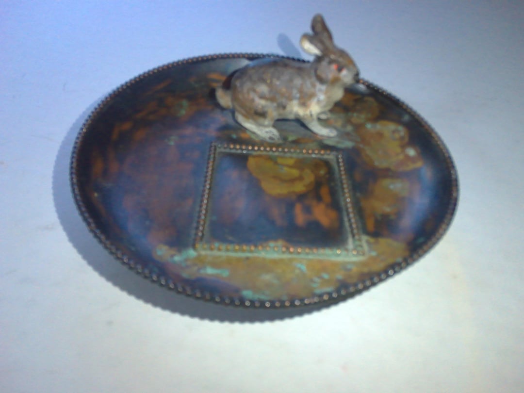Cold Painted Bronze Rabbit Ashtray or Coin Dish 5.5 Diam. W Beaded Edge ...