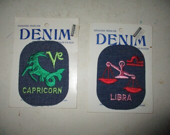 Vintage Ames Iron On Denim Patch - SOLD INDIVIDUALLY  - Embroidered forms - Capricor - Libra - hippie era astrology -