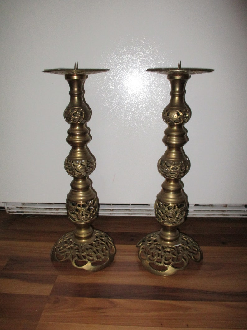 can be unscrewed and restyled to suit needs Amazing English Brass Candlesticks...cast pierced brass pair 17 high