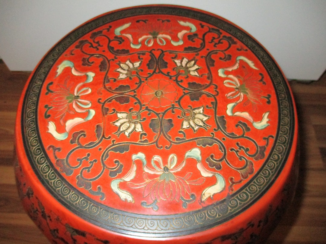Painted Lacquer End Table Unusual Cinnabar Painted Floral Scenes China
