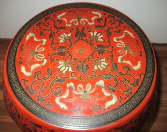 Painted Lacquer End Table - Unusual Cinnabar Painted Floral Scenes - China Garden Stool style - Great functional decor for any Asian decor