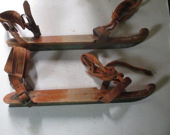 Antique Dutch Ice Skates by GS Ruiter of Bolsward Netherlands - Rare wood and steel 14" long forms with leather straps and carved toe tips