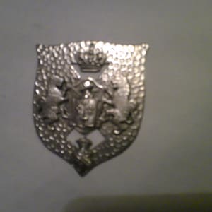 Silver Door Plaque - antique English shield shaped heraldic marker 2.25&quot; x 2.75&quot; hammered silverplate w lions rampant and crown