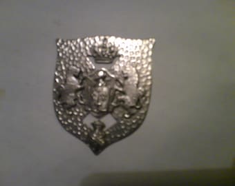 Silver Door Plaque - antique English shield shaped heraldic marker 2.25" x 2.75" hammered silverplate w lions rampant and crown