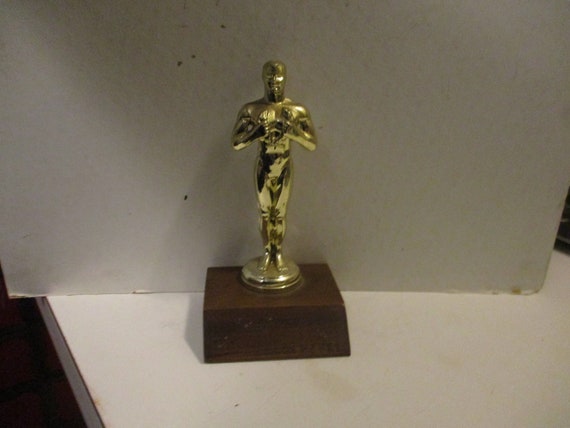 Oscar Style Statuette Trophy Award solid Brass Figure Holding Laurel Wreath  on Wood Base 7 Tall on 3.5 X 3.25 Base -  Denmark