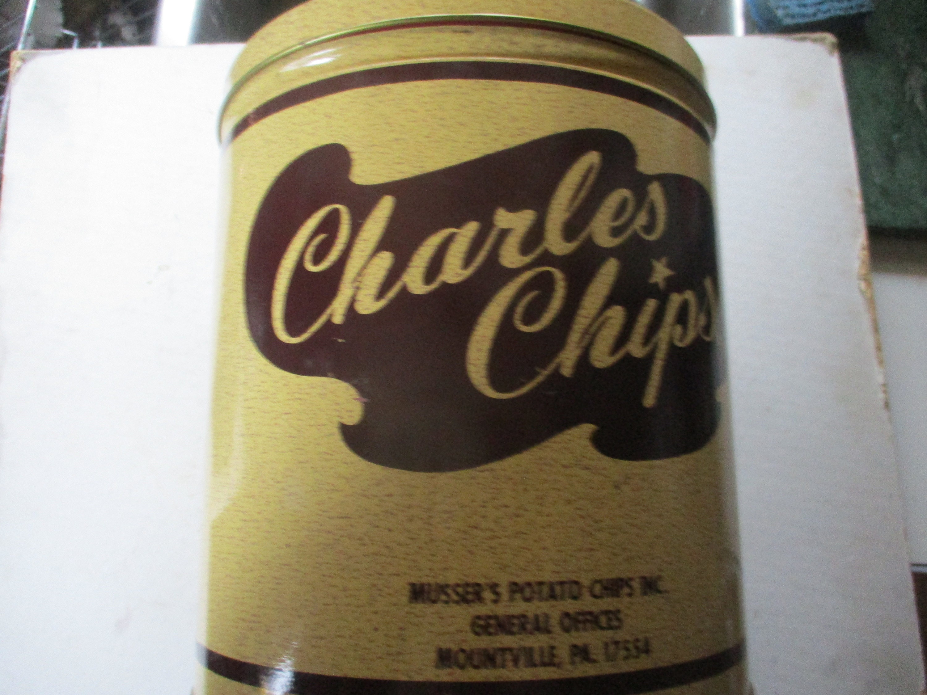 Vintage Charles Chips Tin Container, Collectible Tin Old Tin Chip