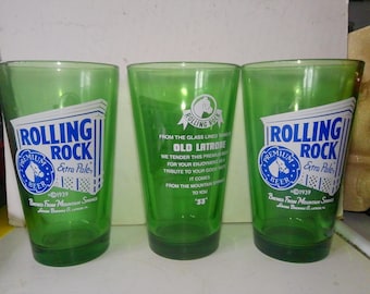 Rolling Rock Pint Glasses - set of 3 w litho'd labels on glass (Not paper labels)