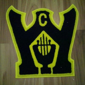 Large Chenille Varsity Patch 8.75" square -W w lyre and captains C - new unused condition - black/gold