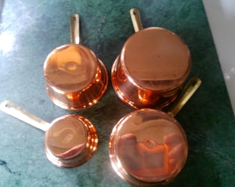 Copper measuring cups -stainless lined w brass handles = set of 4- Sizes 1 - 1/2-  3/4 and 1/4 Classic functional decor - Nesting forms