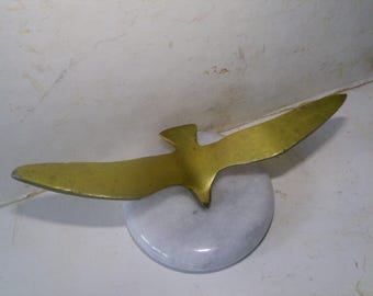 Brass Bird on Marble Base Paperweight - 4.75" wingspan cast brass form - mcm J.L Seagull inspired form
