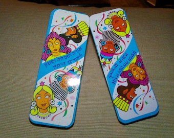 Purim Noise Makers - set of 2 Jewish Holiday 1960s era crank handle groggers - great Hebrew graphics.