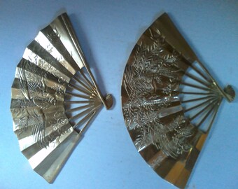Hollywood Regency Chinoiserie Brass Fans set of 2  - 11.75" x 7.25" ruffled forms w relief imagery of peacock style birds